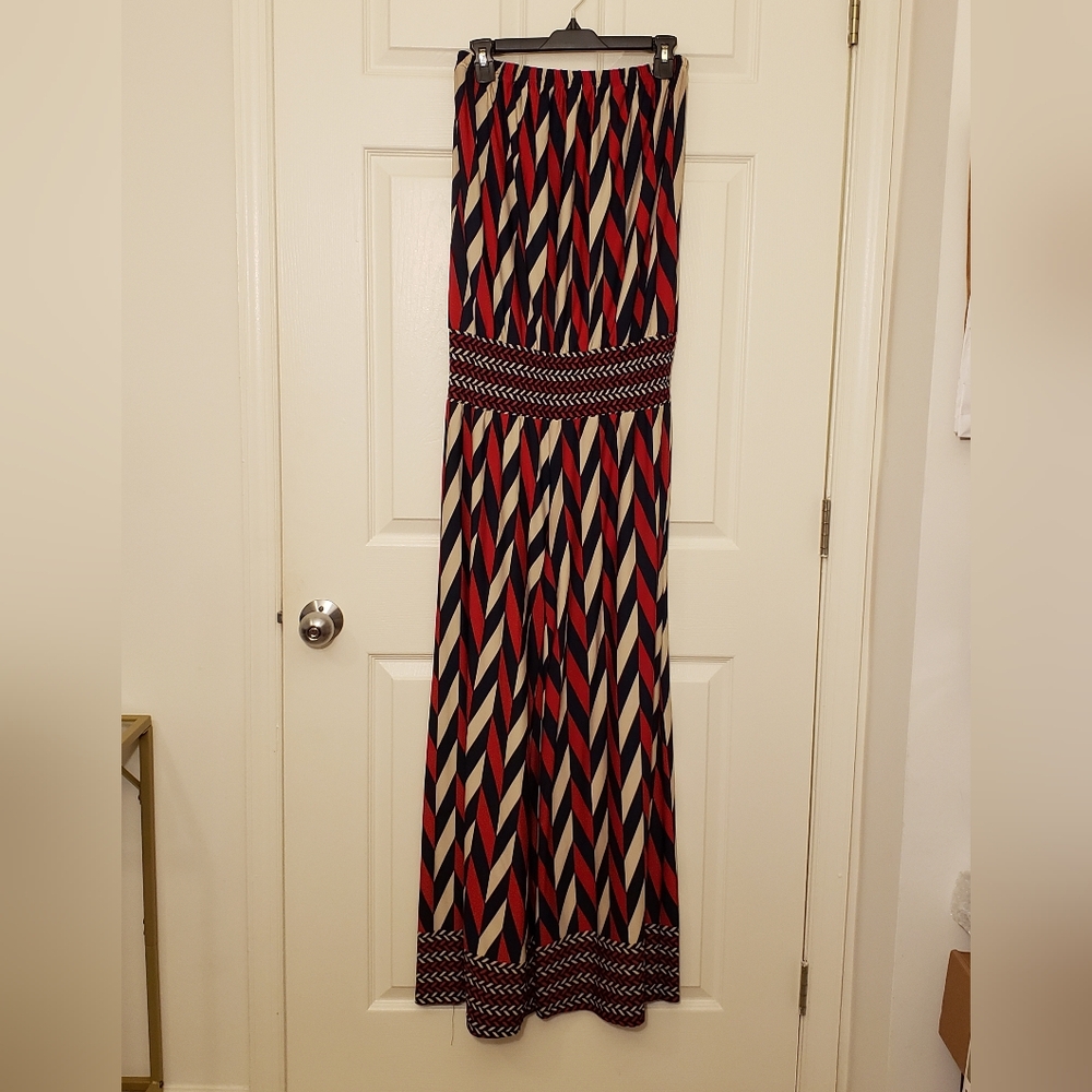 Chic Strapless Chevron Jumpsuit in Red, Blue, and Cream | Women's L